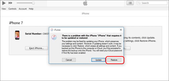 click Restore in iTunes