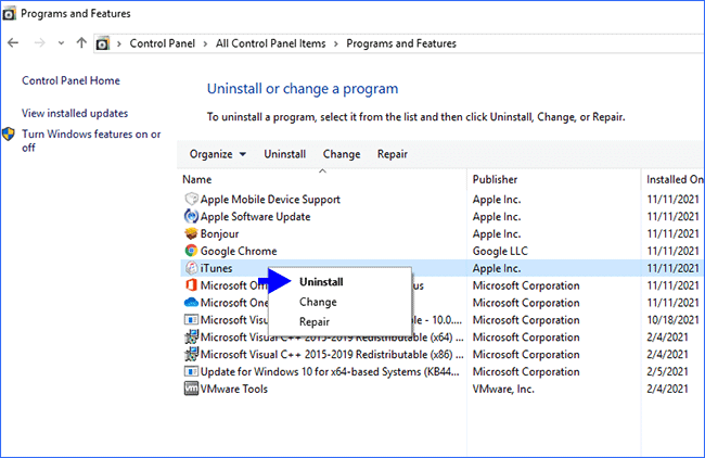 uninstall iTunes on Windows 10