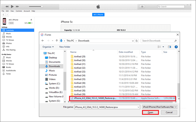 choose the downloaded ipsw file