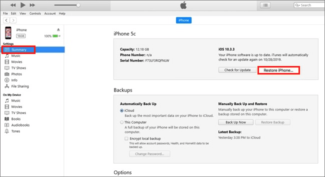 go to summary and restore iphone