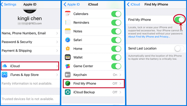 turn on find my iphone