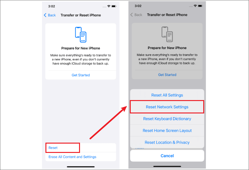 click the reset network settings option