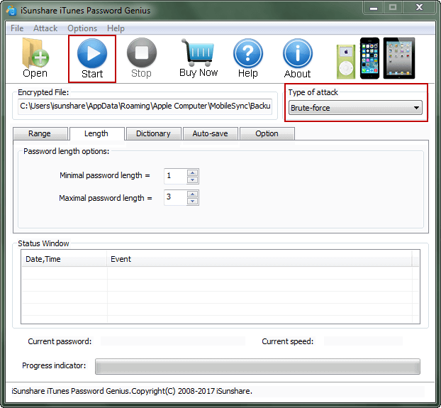 choose attack type and start recovering password