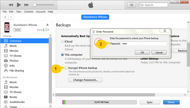 uncheck encrypt iphone backup in iTunes with password
