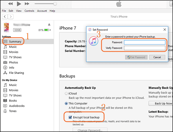 encrypt local backup in iTunes