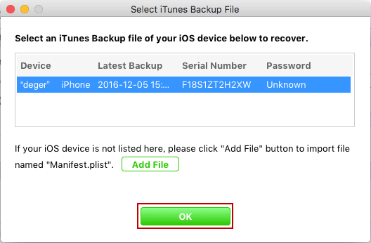 successfully add encrypted itunes backup file on mac