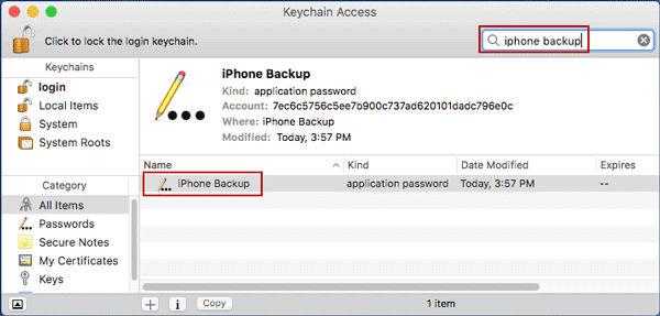 find iphone backup item in keychain