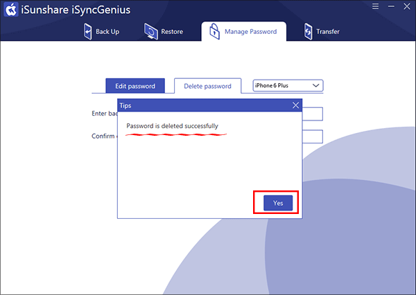 successfully delete iTunes backup password