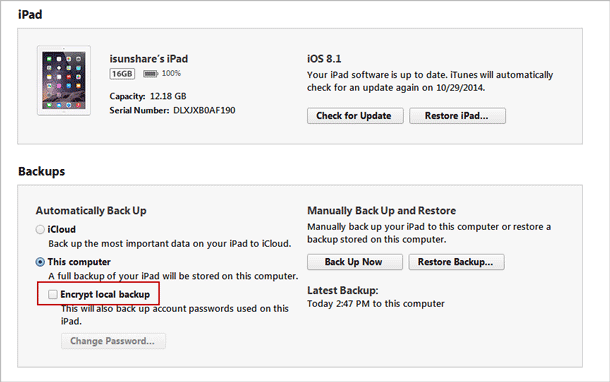 successfully turn off backup encryption in iTunes