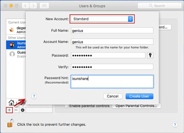 create standard user on mac
