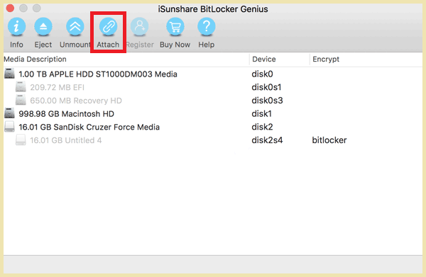 click Attach button in BitLocker Genius