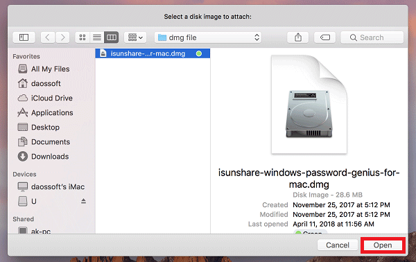 tap Open option to open DMG file