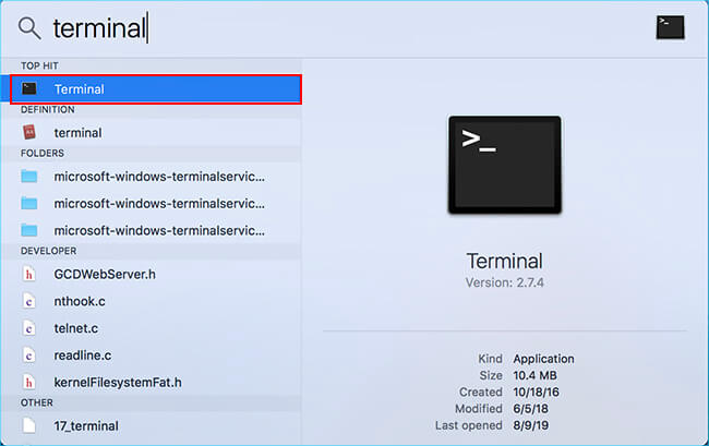 find terminal in spotlight