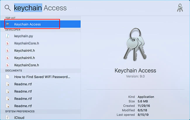 search keychain access in spotlight bar