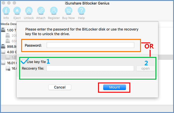unlock BitLocker drive by password or recovery file