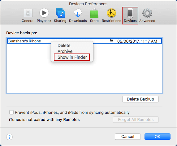 choose to show itunes backup via itunes preferences