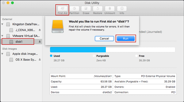 run first aid to check and repair mac disk