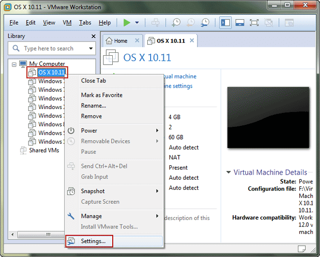 change vmware mac os x settings