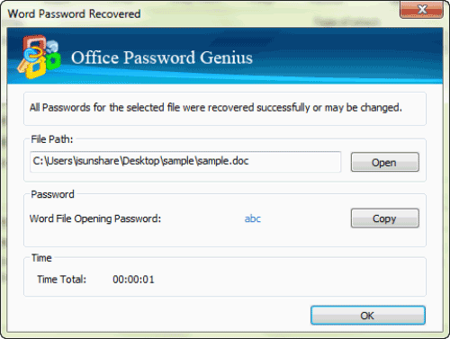 Kopieren Sie das Passwort, um die entschlüsselte Office-Datei zu öffnen