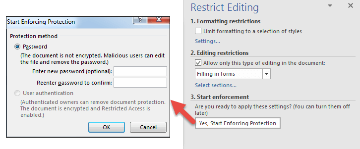 configure start enforcement by password in word 2016