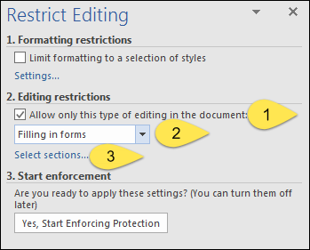 editing restriction fill in form in word 2016