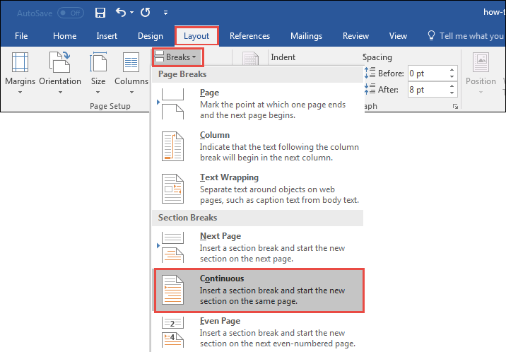 find breaks in layout in word 2016