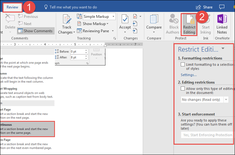 open restrict editing in review in word 2016