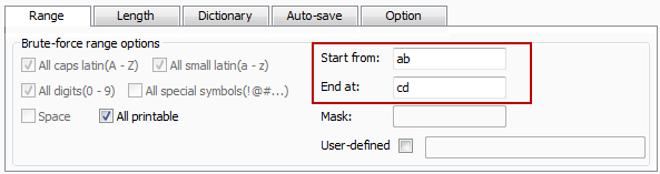 set password starting and ending characters for Brute-force