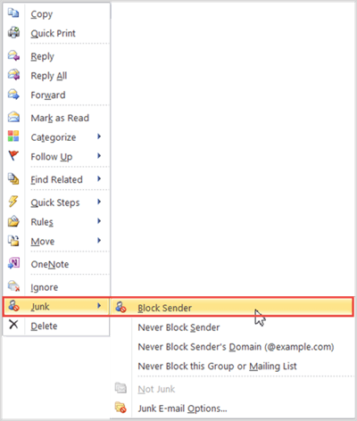 block sender by right click