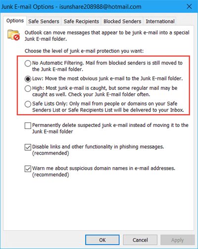 choose the level of junk email protection you want