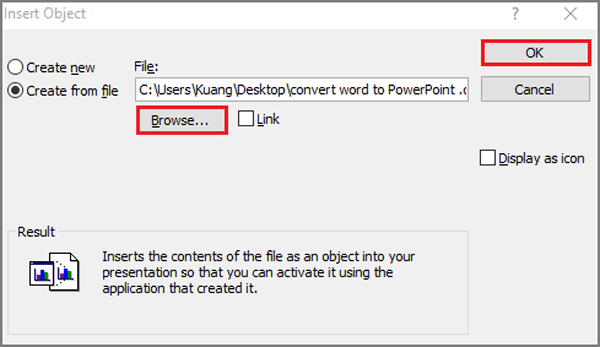 choose the word file and click ok