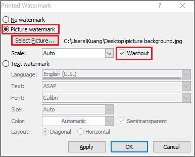select a picture in printed watermark panel