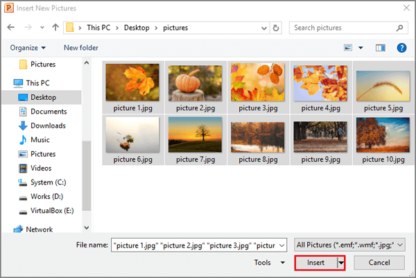 select and insert the pictures