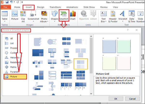 use smartart option to insert picture
