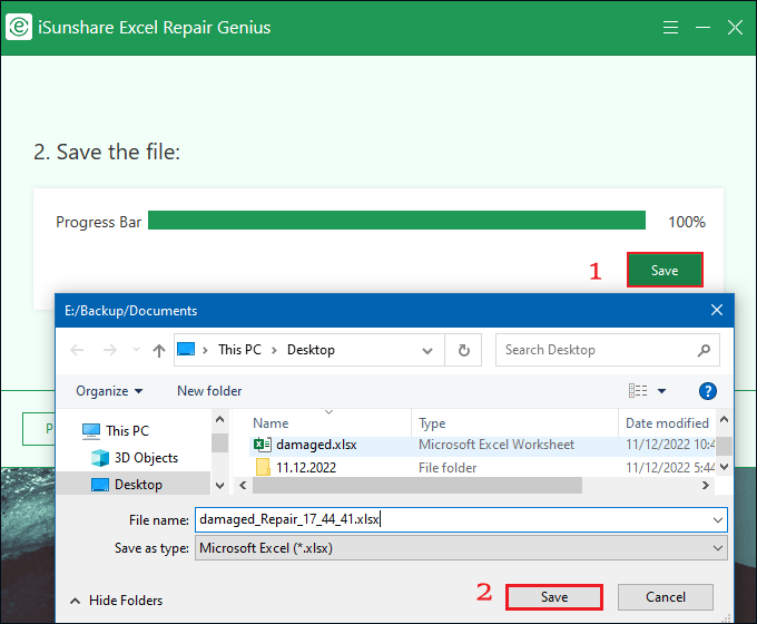 save your repaired excel file