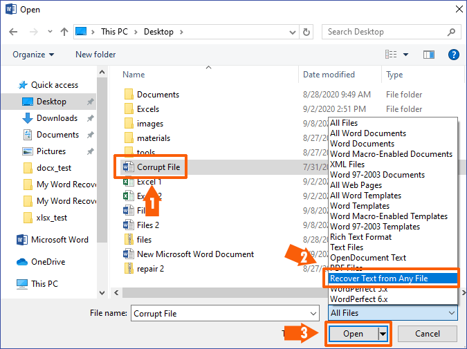 choose recover text from any file