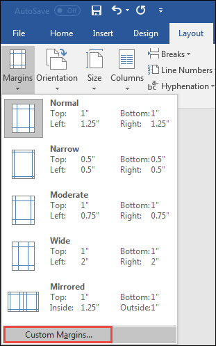 custom margins in word 2016