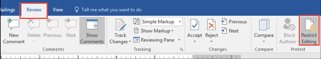 find restrict editing in review in Word