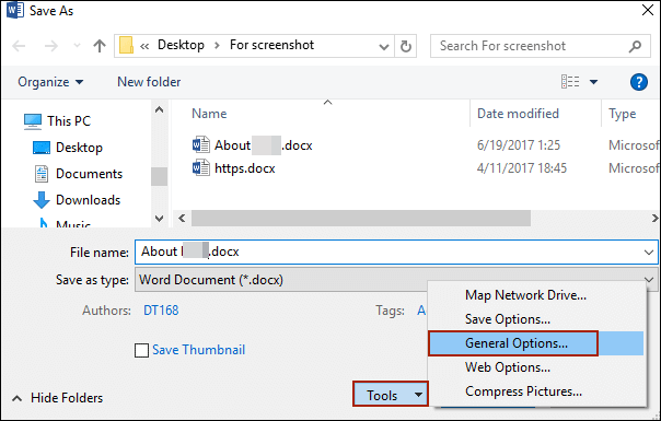 select general option in Word save as