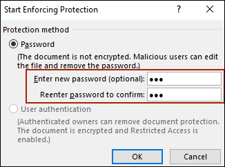 type password to start enforce proctect in Word