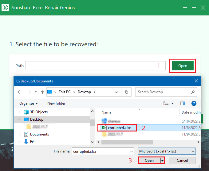 select your excel file to be recoveryed
