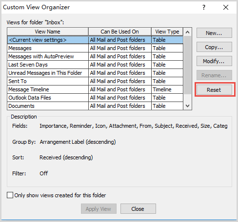 reset under custom view arganizer