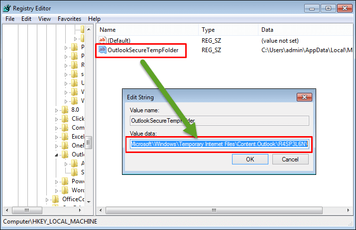 find the outlooksecuretempfolder key value in registry