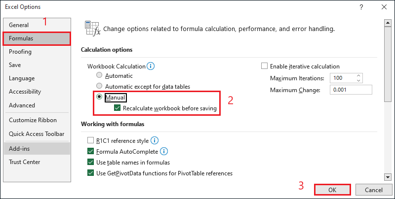 change calculation option to manual