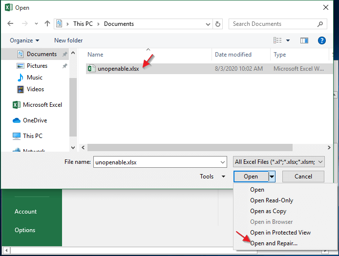 open and repair excel file