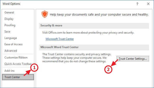 click trust center settings