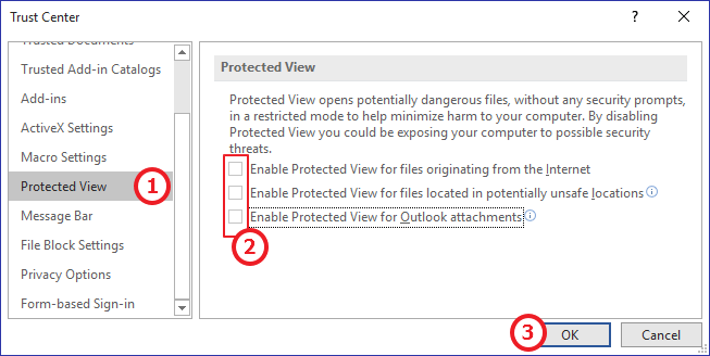uncheck options under protected view