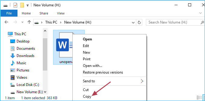 copy unopenable word file to another drive