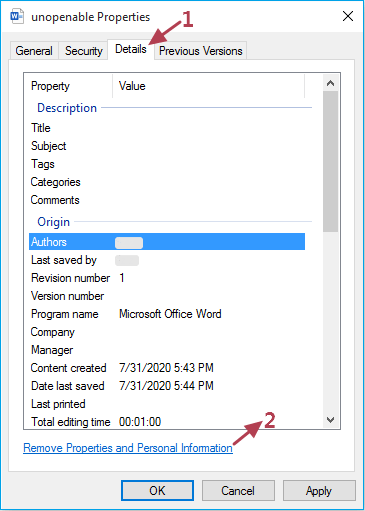 remove word file personal information