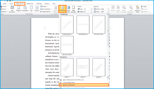 remove watermark from word document